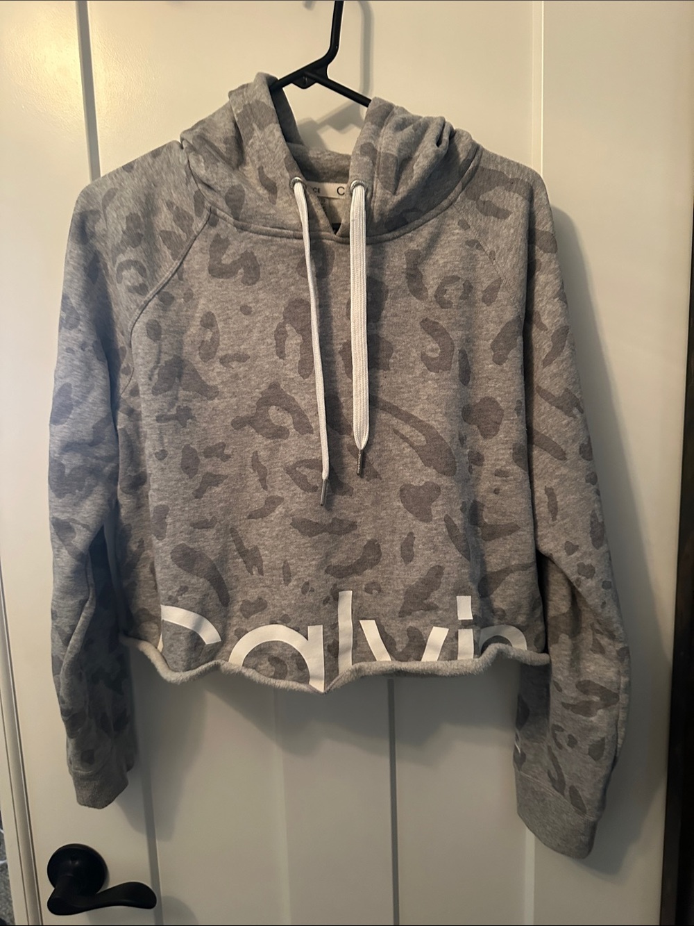Calvin Klein Gray Leopard-Print Cropped Hoodie